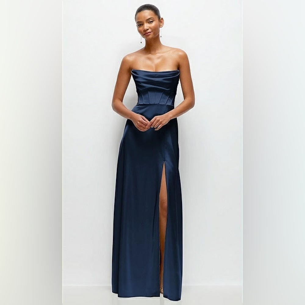 New After Six A-LINE SATIN CONVERTIBLE OFF THE SHOULDER STRAPLESS NAVY Dress 8R - Picture 4 of 8
